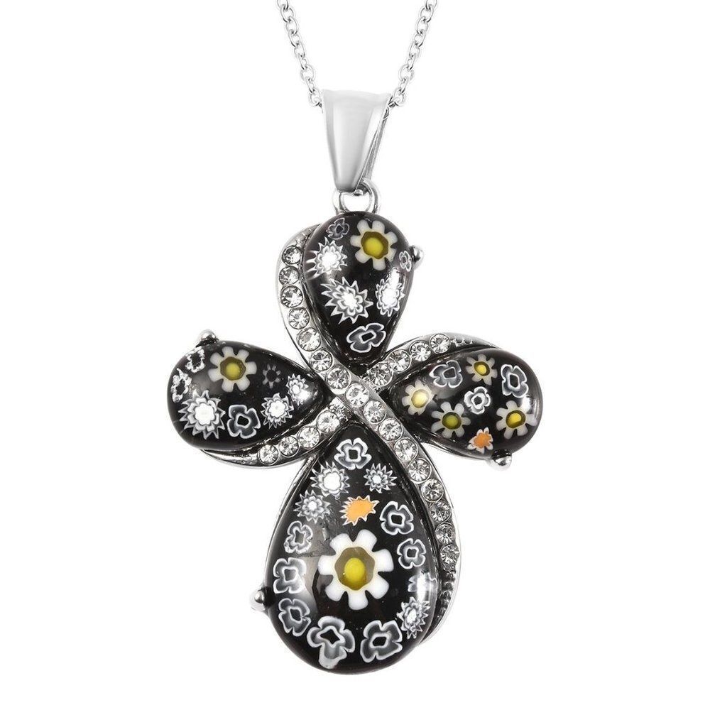 Murano Style and Austrian Crystal Cross Pendant Necklace 20 Inches Black Color
